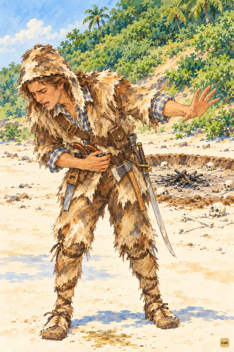 Crusoe doubles over on the bone-strewn shore, one hand flung out to ward off the sight