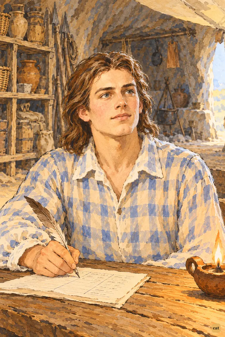 Crusoe looks up from his ledger toward the cave mouth, despair easing into quiet hope