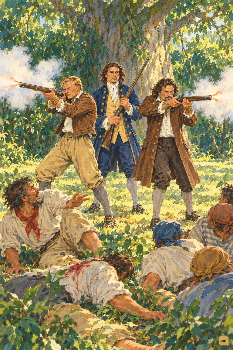 Two marooned men fire on the sleeping mutineers as the captain holds his musket unfired