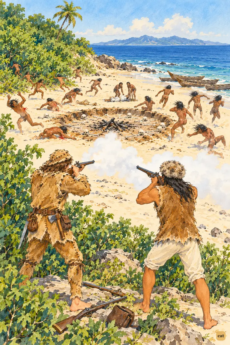 Crusoe and Friday fire into the feasters, who leap up in panic amid white gunsmoke
