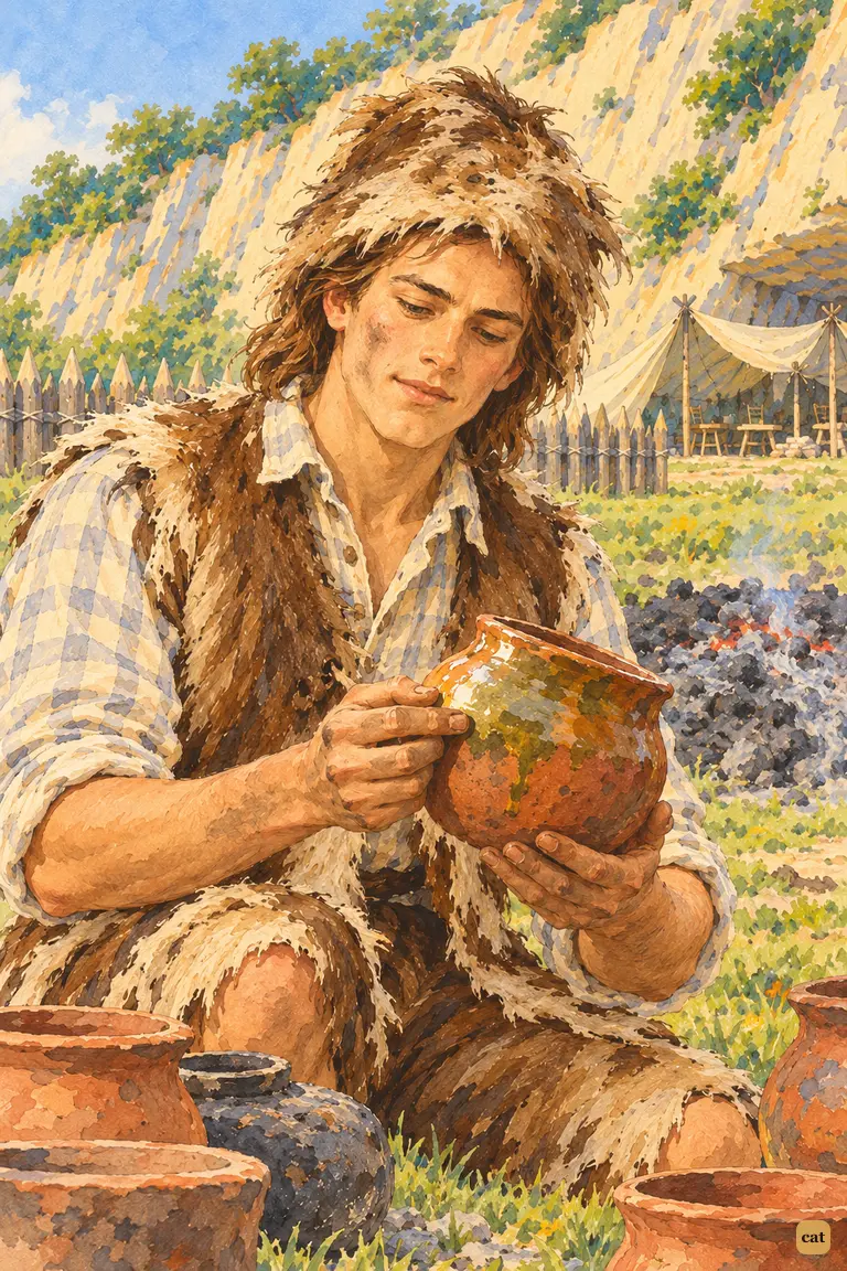 At dawn, the castaway turns his first hard-burnt pipkin, its sand-melted glaze shining