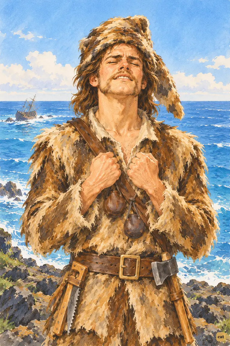 On the high rock, Crusoe presses his fists to his chest, longing for one saved companion