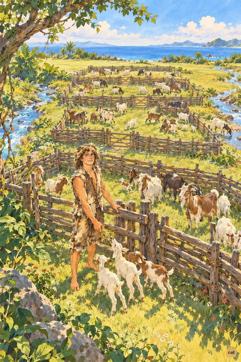 At the gate of the nearest pen, the castaway feeds barley to three kids