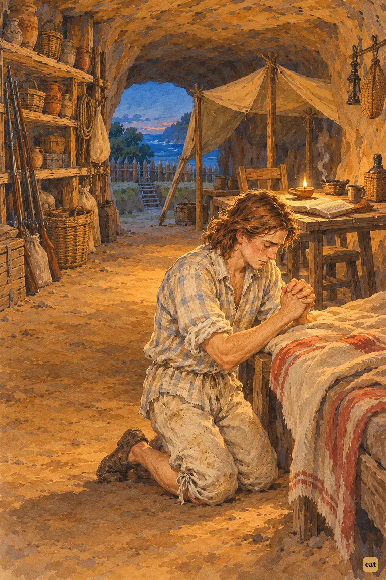 In the lamplit cave, the sick castaway kneels by his bed and prays for the first time