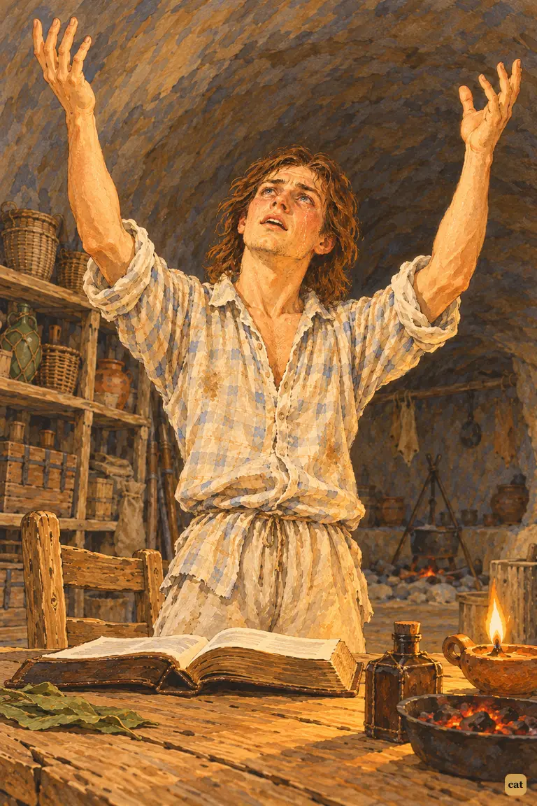 In the lamplit cave, Crusoe flings down the Bible and raises both hands to heaven in joy