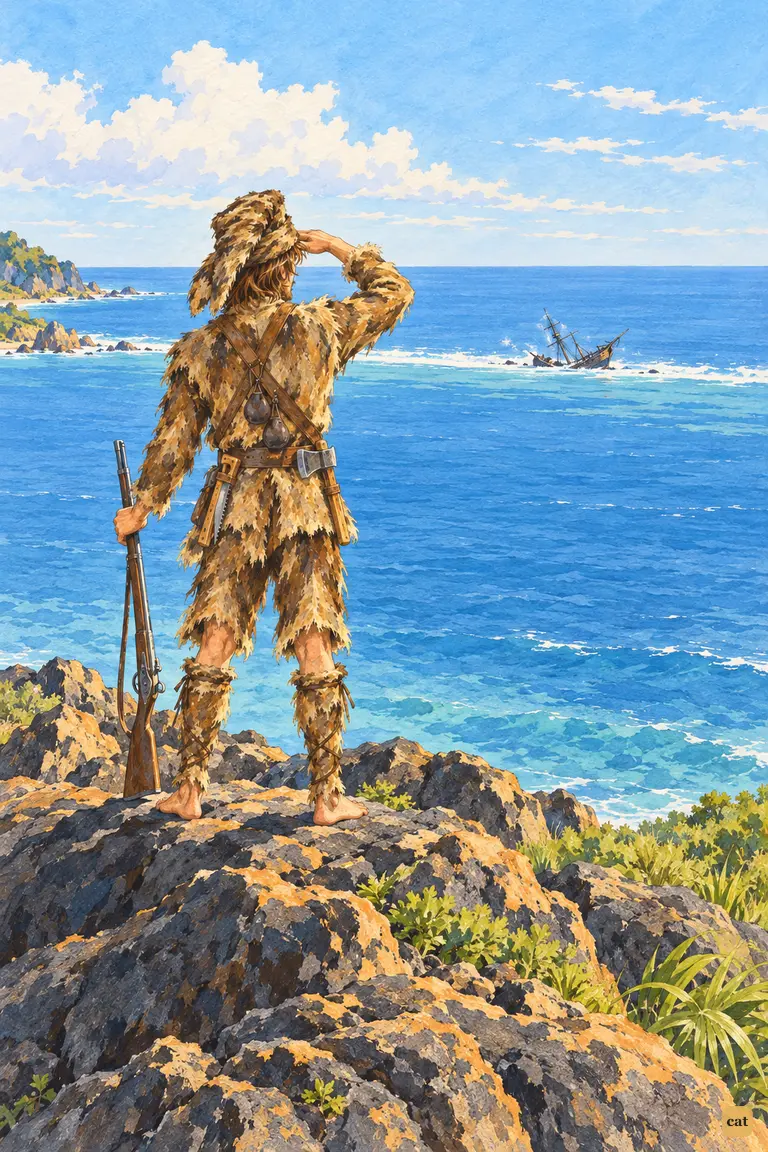 From a high dark rock, the young castaway looks out at the broken wreck in white surf