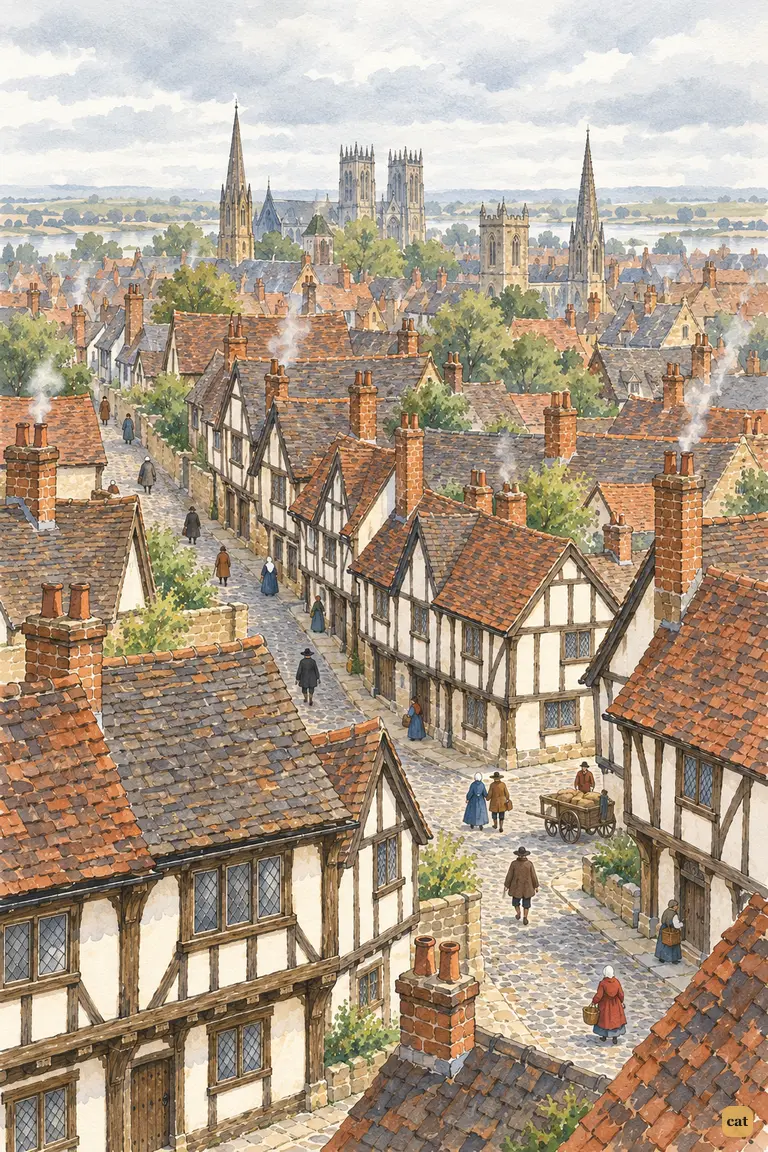 A high view of 1630s York at quiet dawn, with roofs, spires and chimney smoke