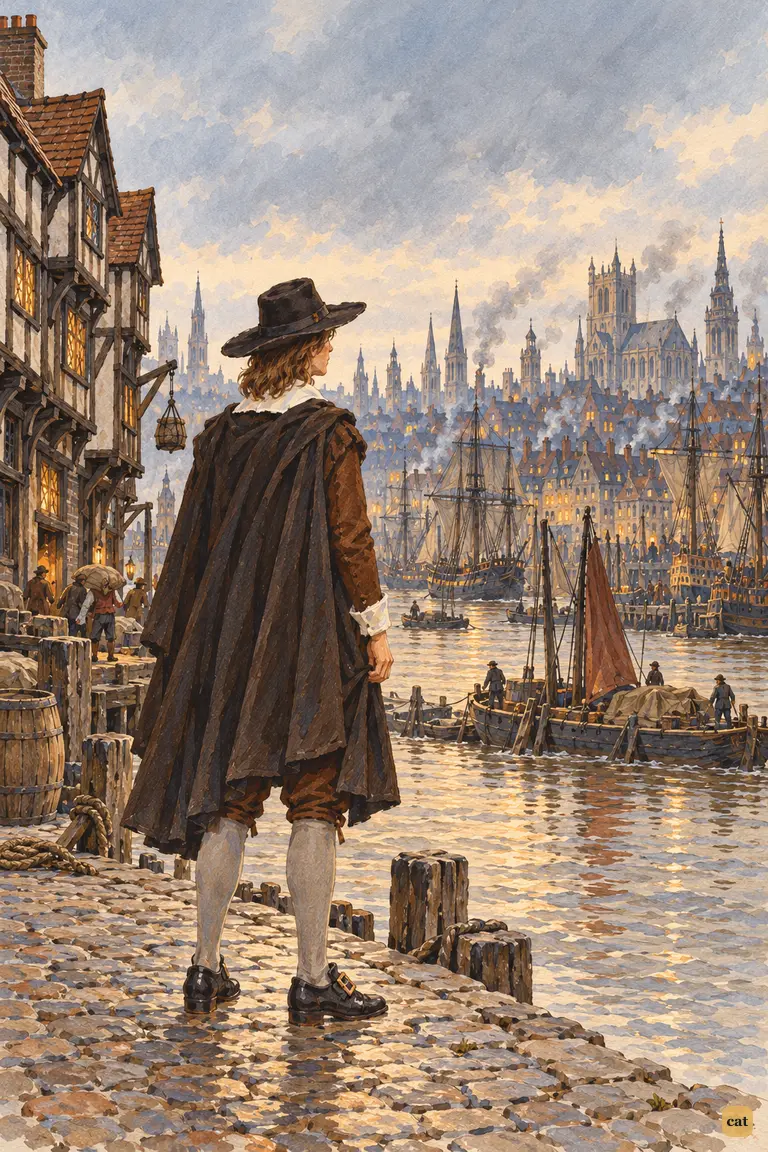 On the Thames bank at dusk, young Crusoe turns from the London road to gaze at the masts