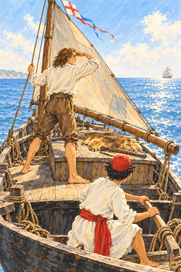 Crusoe shades his eyes toward a distant sail while Xury grips the tiller