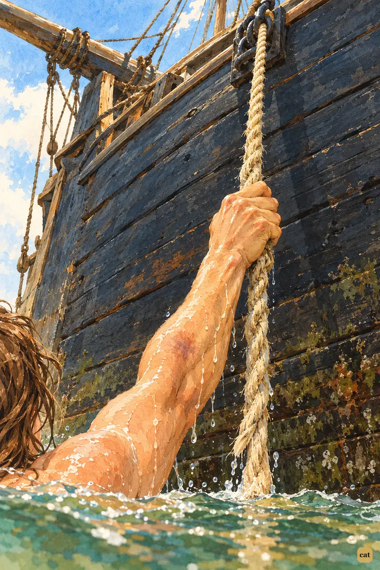 Crusoe's wet hand grips the frayed rope at the fore-chains, his only way up the ship