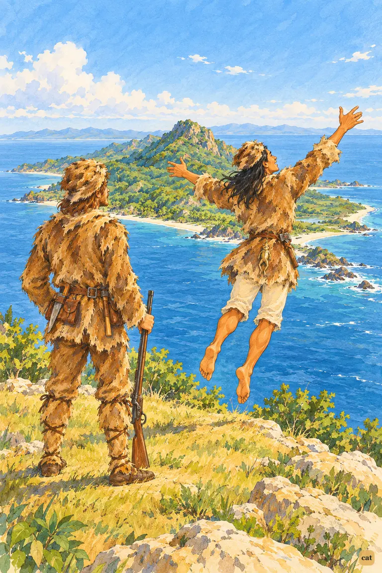 Friday leaps with joy toward the mainland of his homeland as Crusoe quietly watches