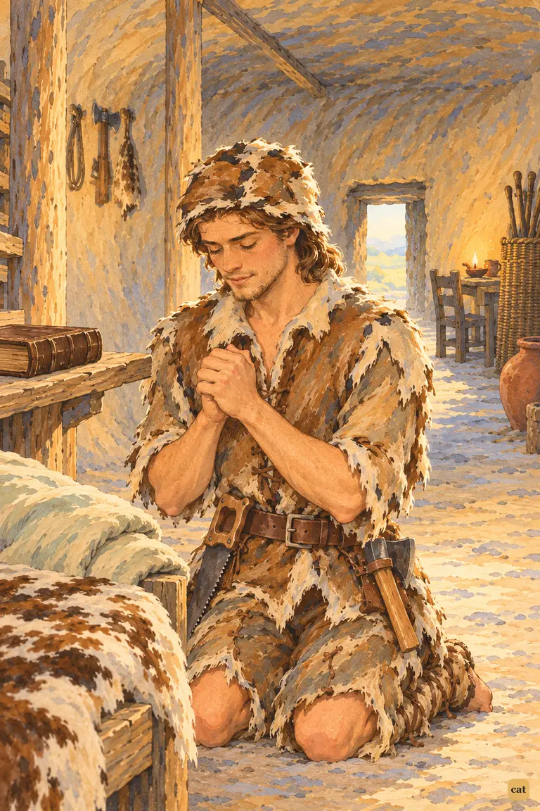 At dawn, the young castaway kneels beside his plank bed with his hands clasped and his head bowed.