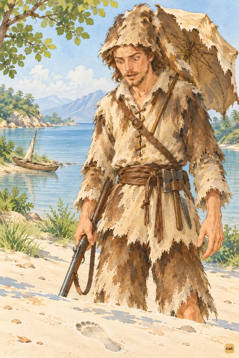 Alone on the sand, the goat-skin-clad castaway freezes above a single bare footprint