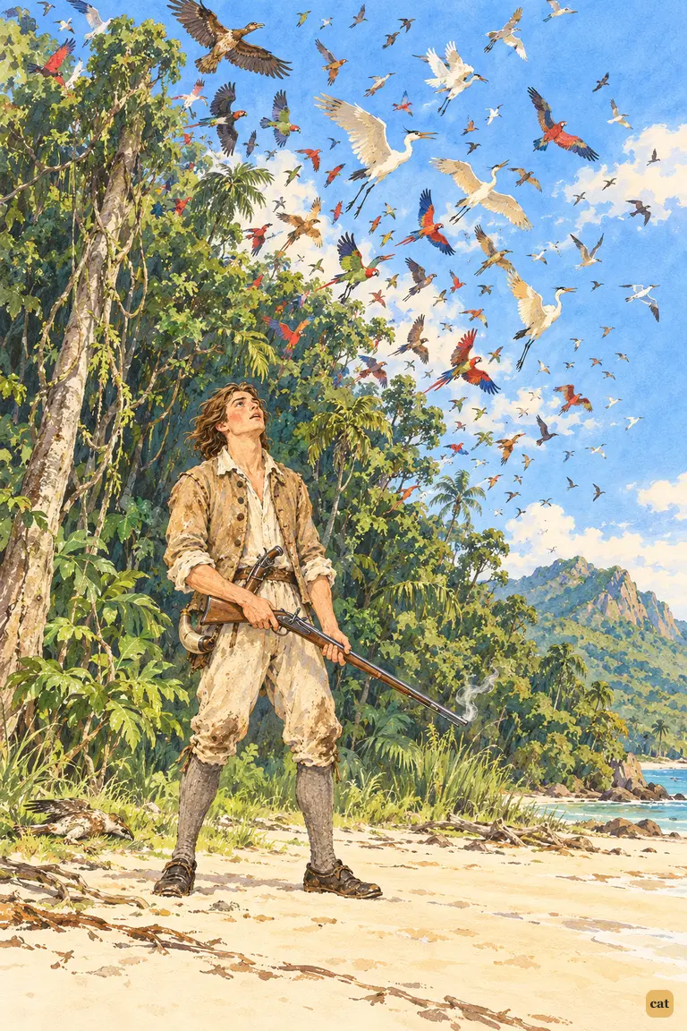 Crusoe fires the island's first gun, and a screaming cloud of birds bursts from the wood