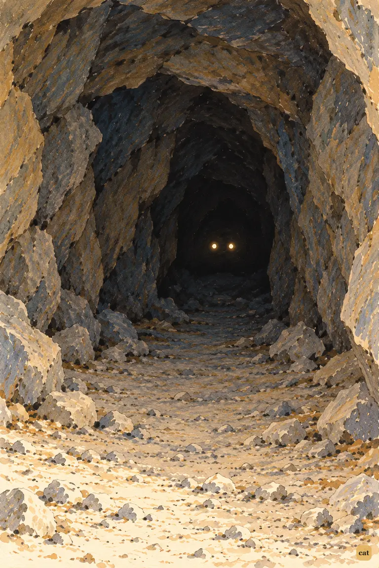 Two pale glints hang low in the black far corner of the cave, watching the entrance