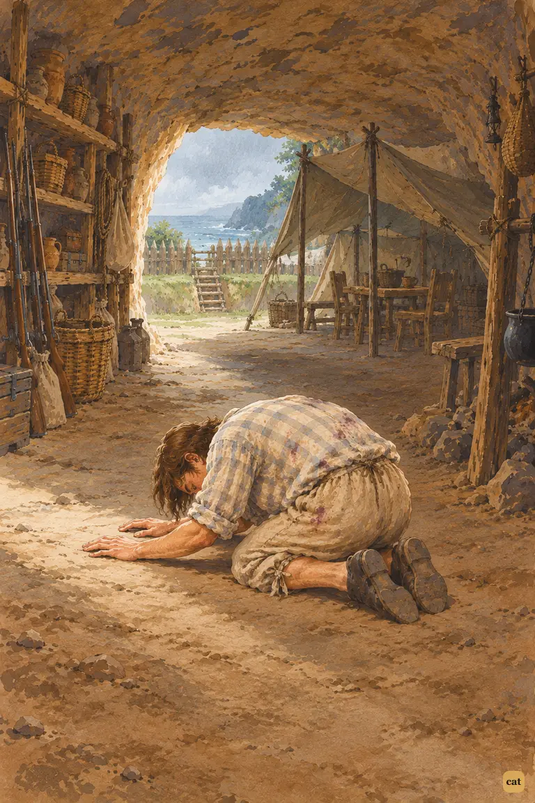 On the first anniversary of his landing, Crusoe kneels forehead to earth in his cave