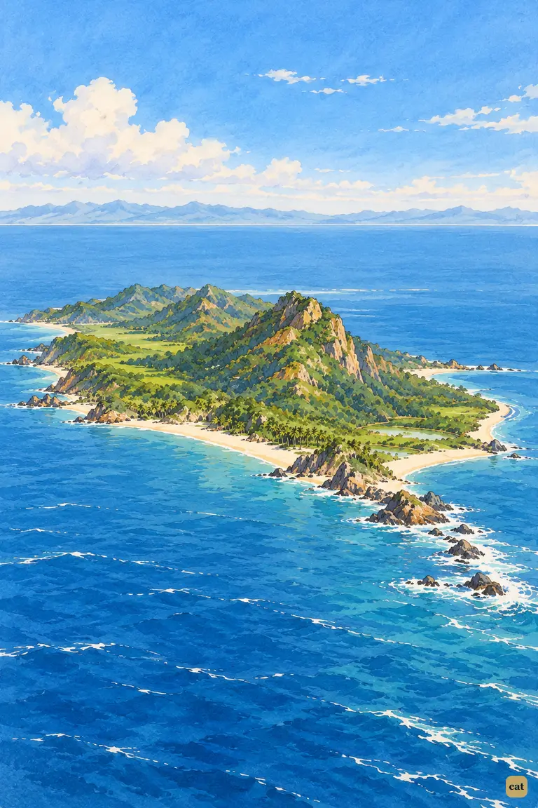 A high view of Crusoe's small green island alone in a calm blue sea, the mainland far off