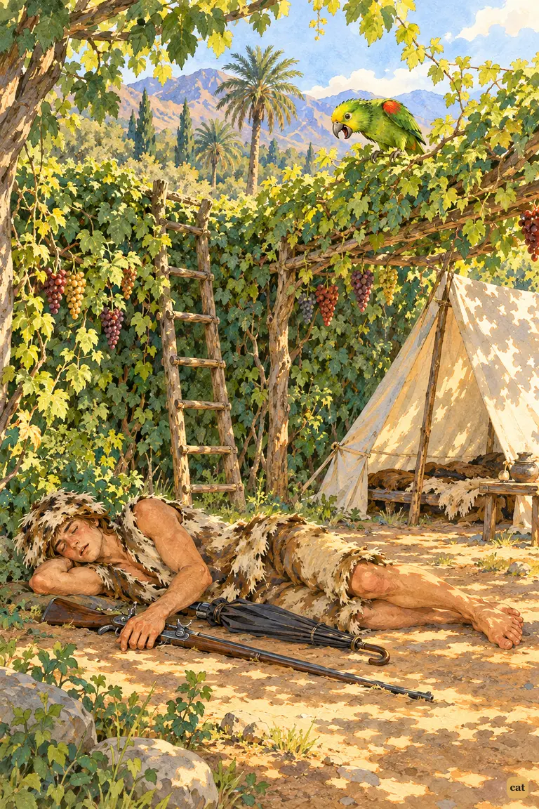 Crusoe sleeps in his bower as Poll, perched on the hedge, calls his name