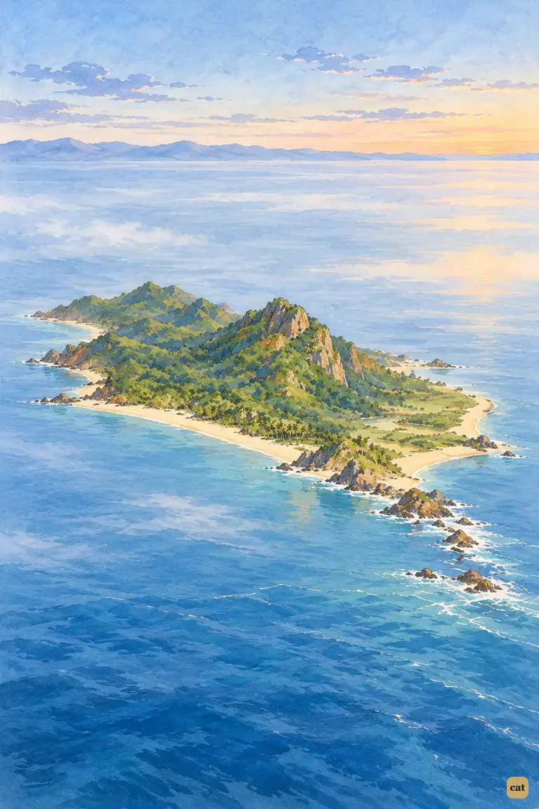 The small green island lies alone on a pale sea at December dawn, the mainland far off