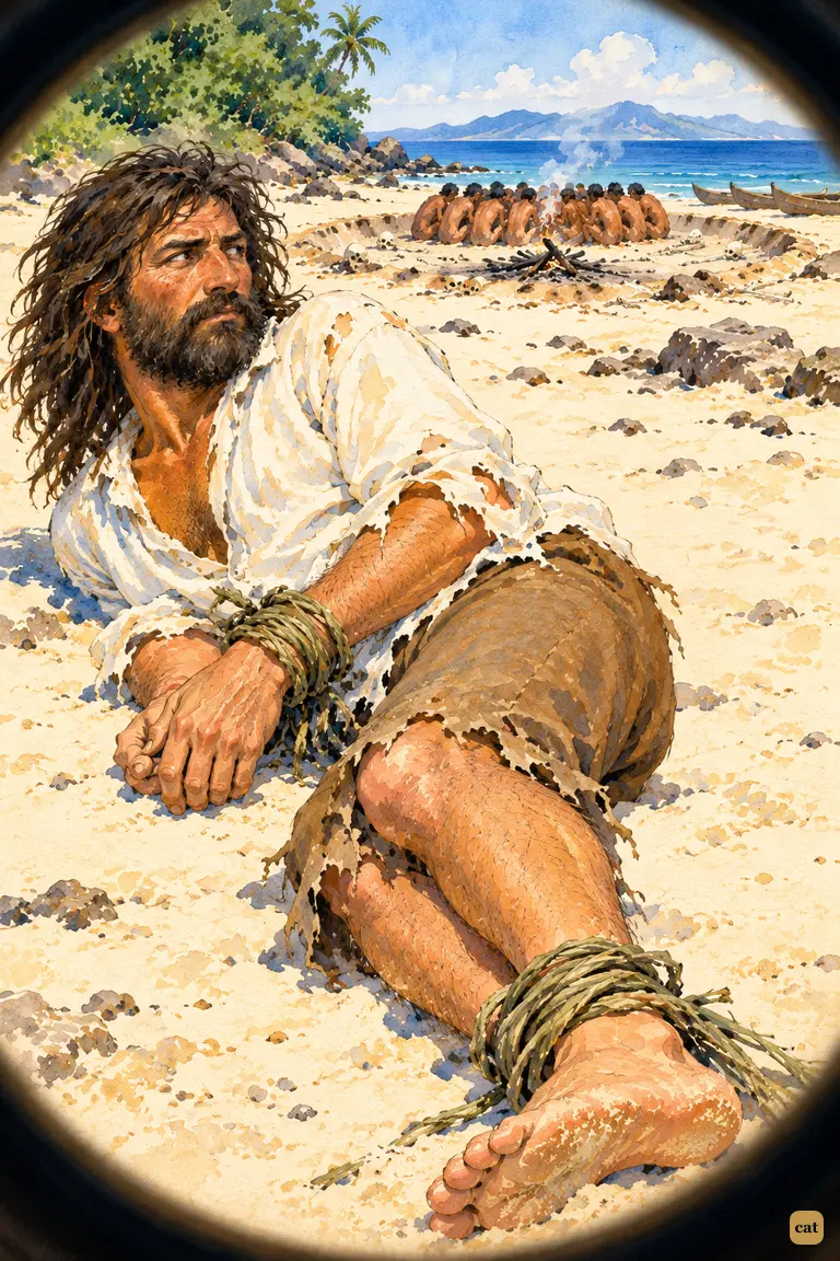 Through Crusoe's spyglass, a bearded European lies bound with rushes on the sand
