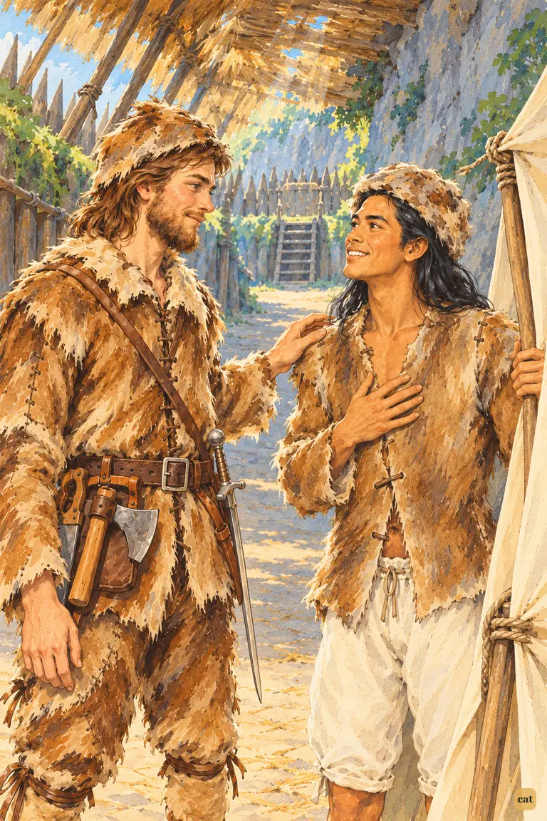 Beside his small canvas tent, Friday looks up at his master with a bright, trusting smile