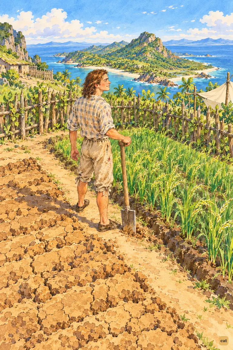 Crusoe stands between his bare, cracked first plot and thriving green barley and rice