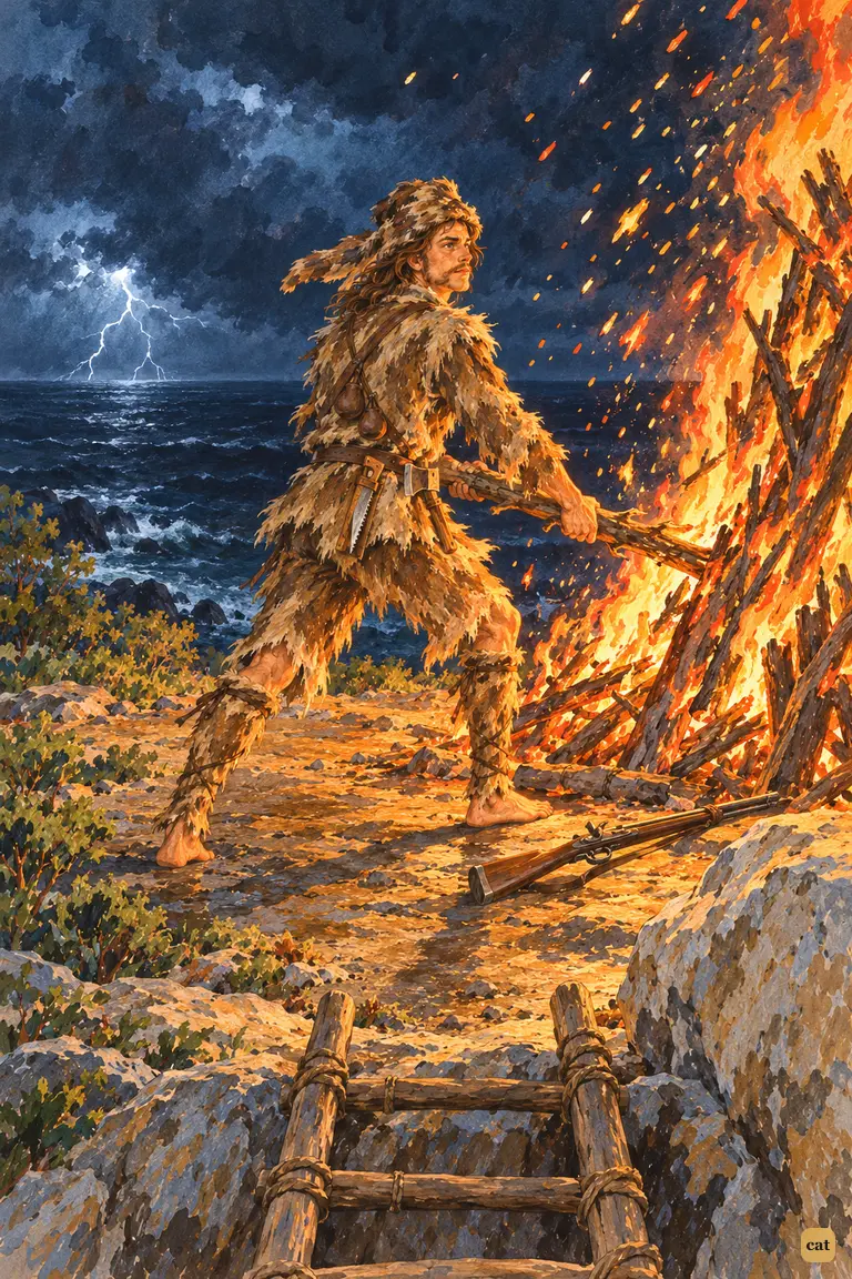 On a stormy night, Crusoe lights a hilltop beacon for the unseen ship he heard firing