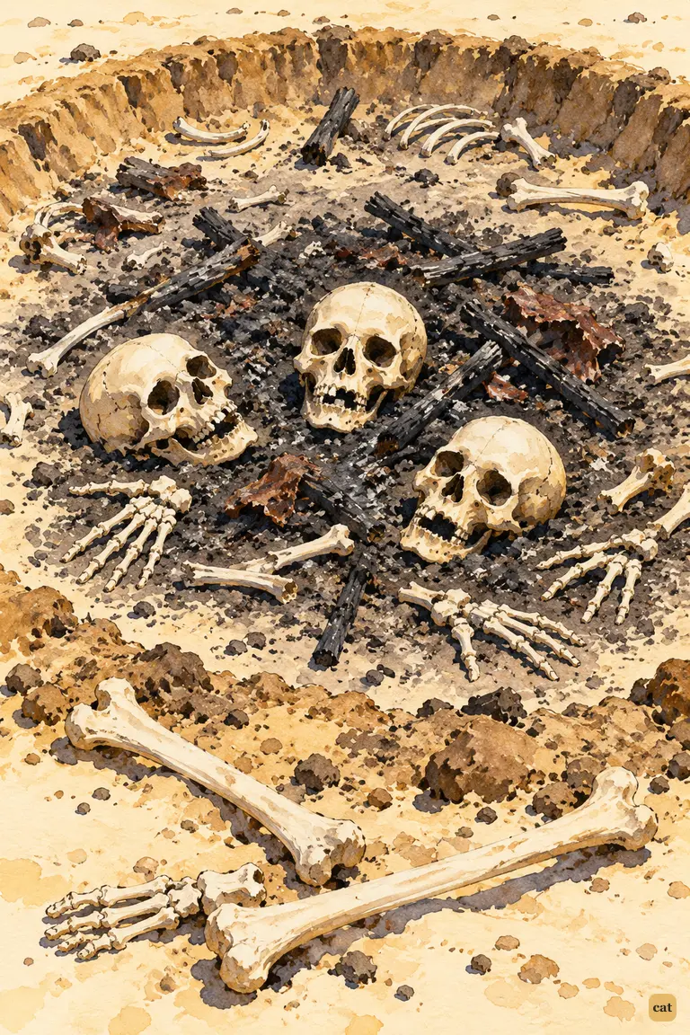 Three bleached skulls and scattered bones rest in the blackened fire pit on pale sand