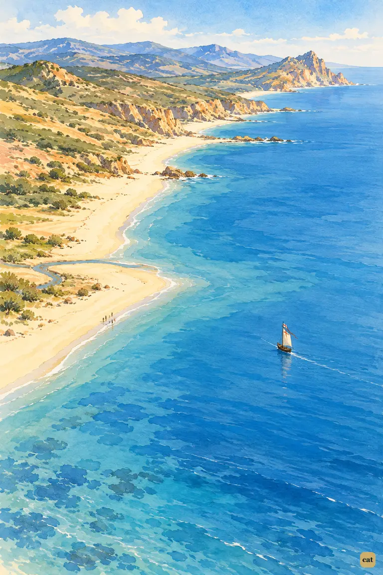 From high above, a tiny long-boat with one sail glides south along the African coast
