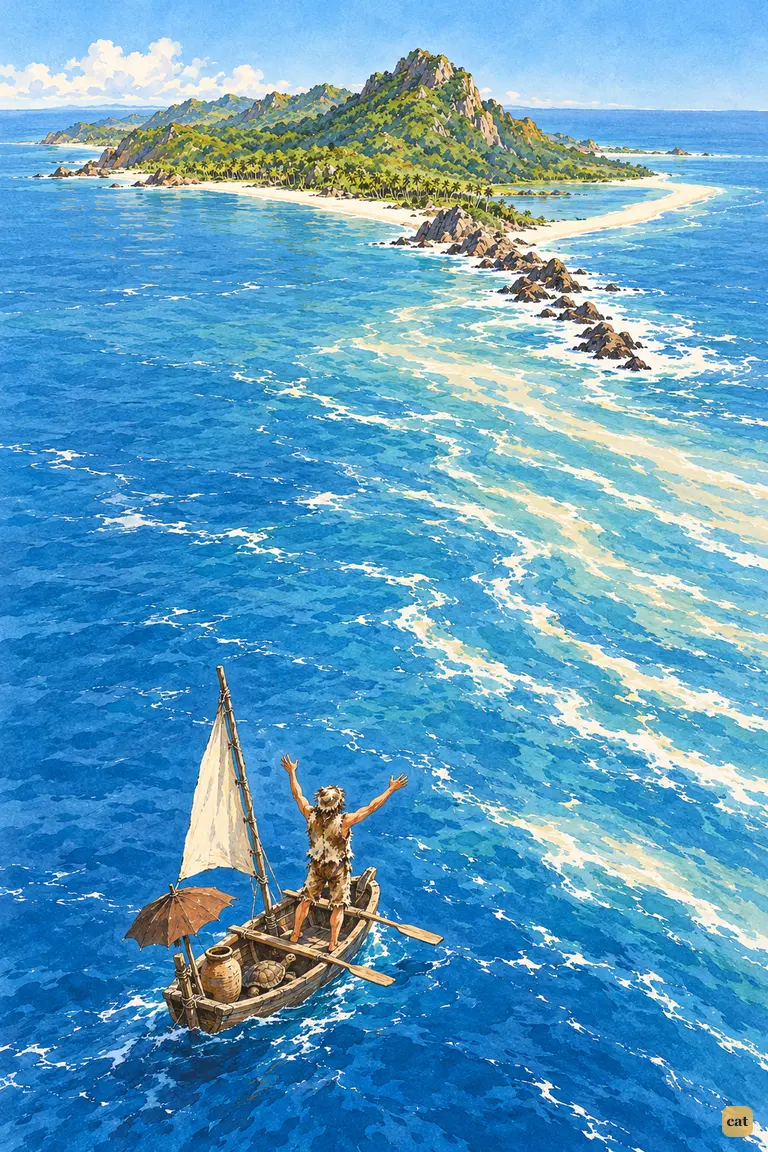 Adrift far out at sea, the castaway stretches his arms toward the small green island