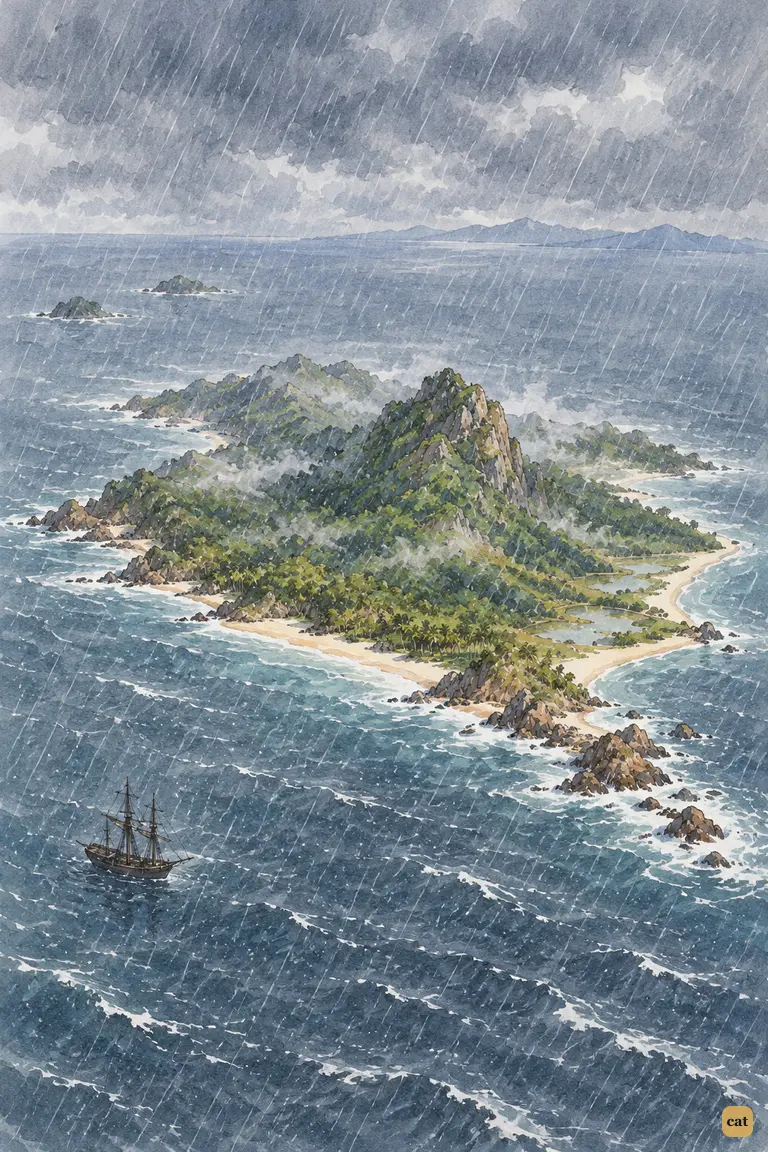A bird's-eye view of the small green island in a grey, rain-beaten sea, the ship a speck