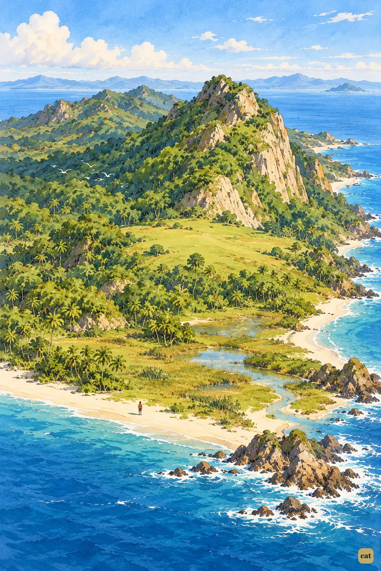 From above, the lonely island rises from marsh to a green plain under a pale rock face