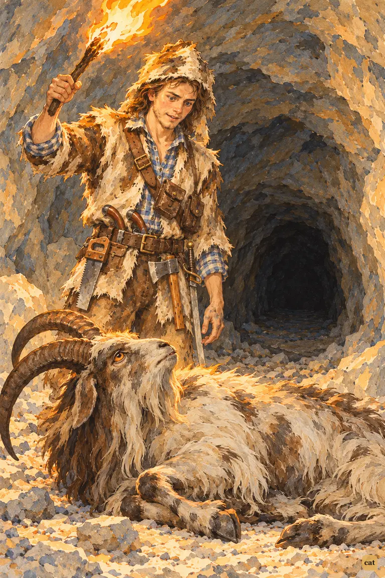 Crusoe raises a firebrand and finds the devil in the dark is only an old dying he-goat