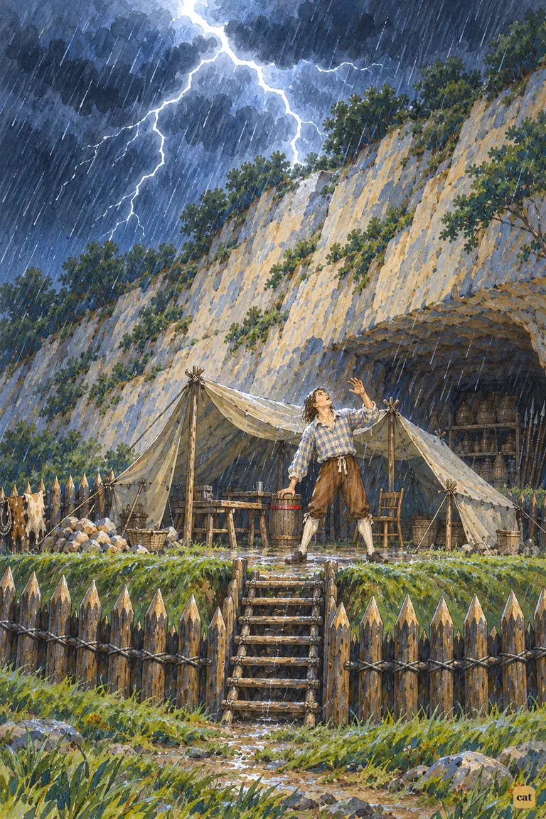 Under a lightning-split sky, the castaway shields his powder barrel at his tent mouth