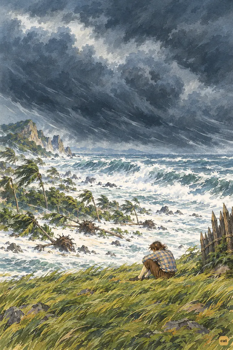 A tiny castaway crouches on the plain as a black storm tears up the shore trees