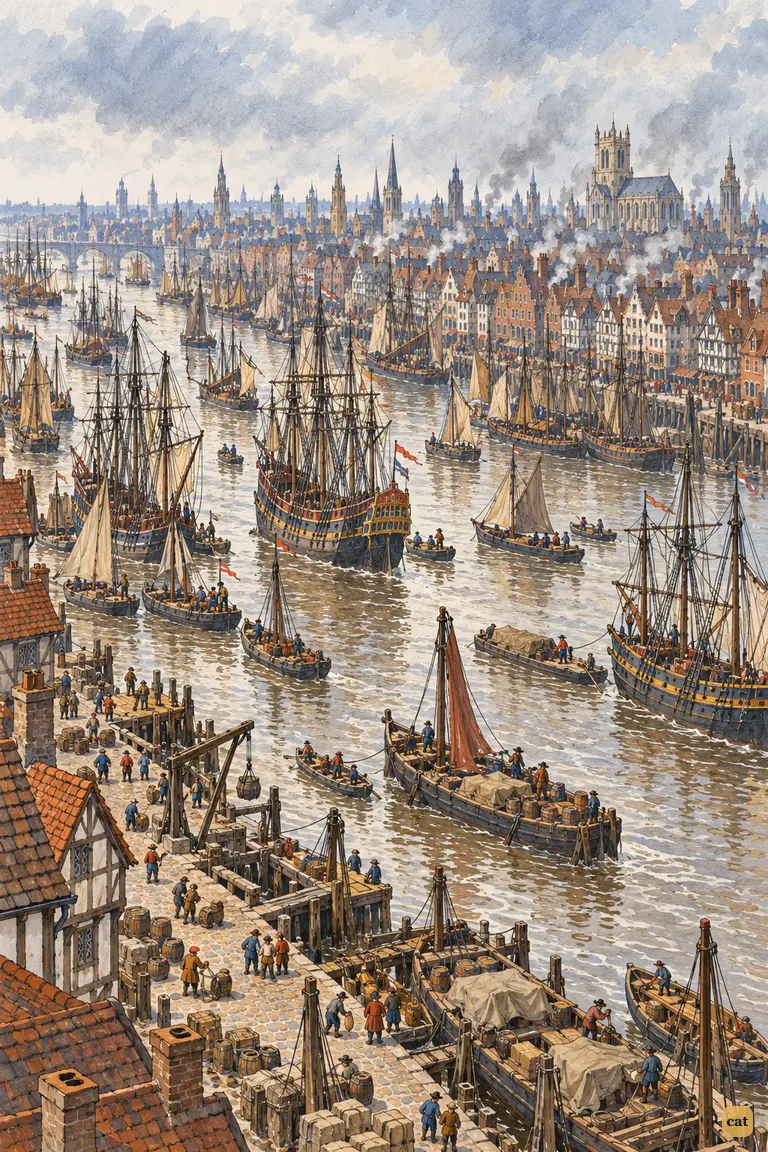 A high view of the 1650s Thames, thick with masts under a smoky grey sky