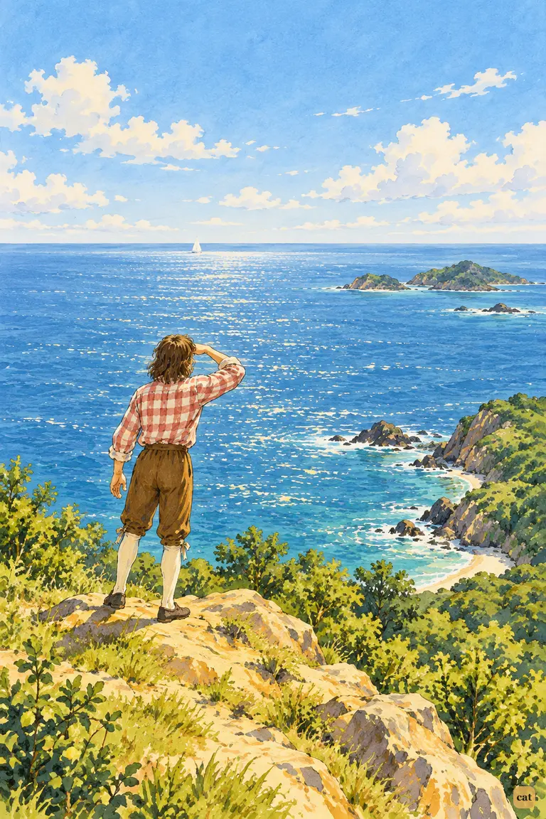 From the hilltop, Crusoe shades his eyes at a glint on the sea, taking it for a sail