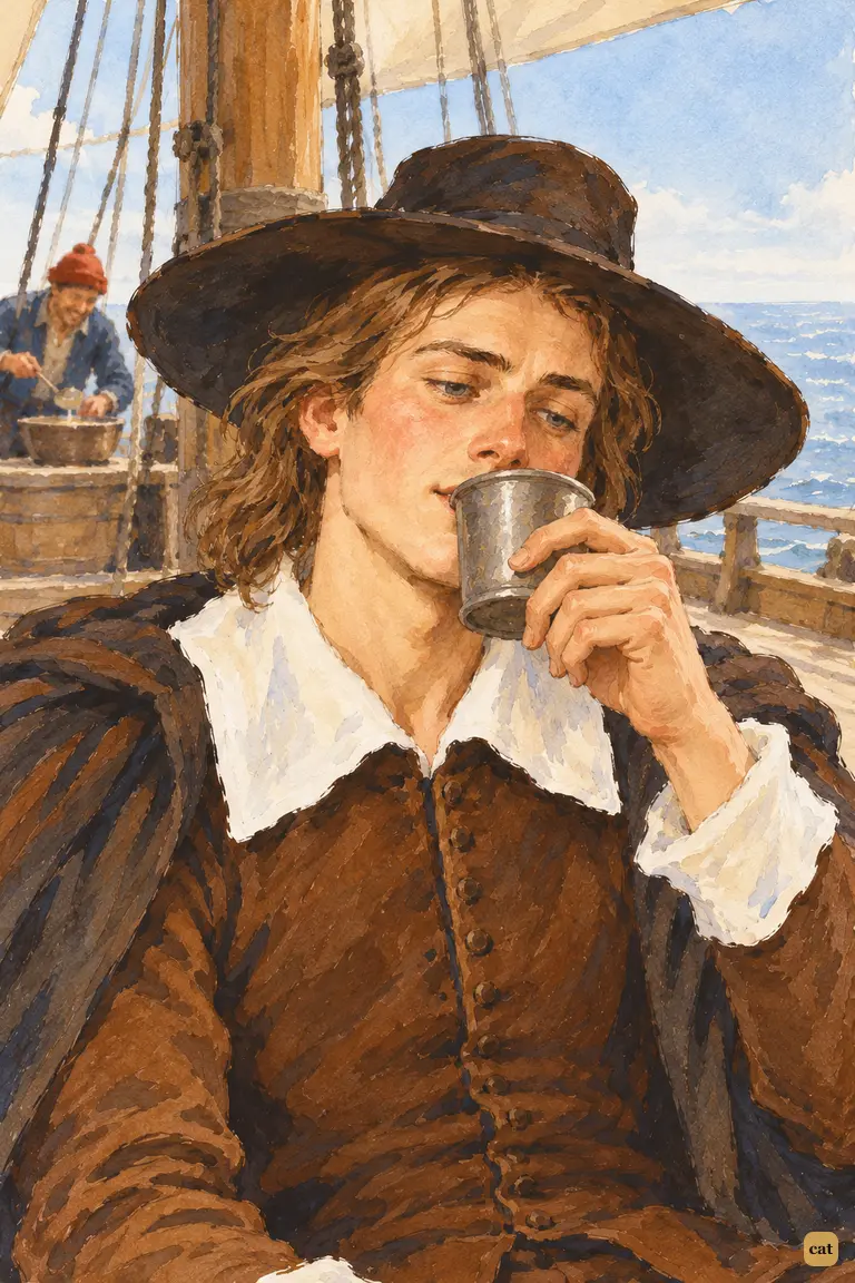 Flushed and half drunk, Crusoe lifts a cup of punch before the calm bright sea