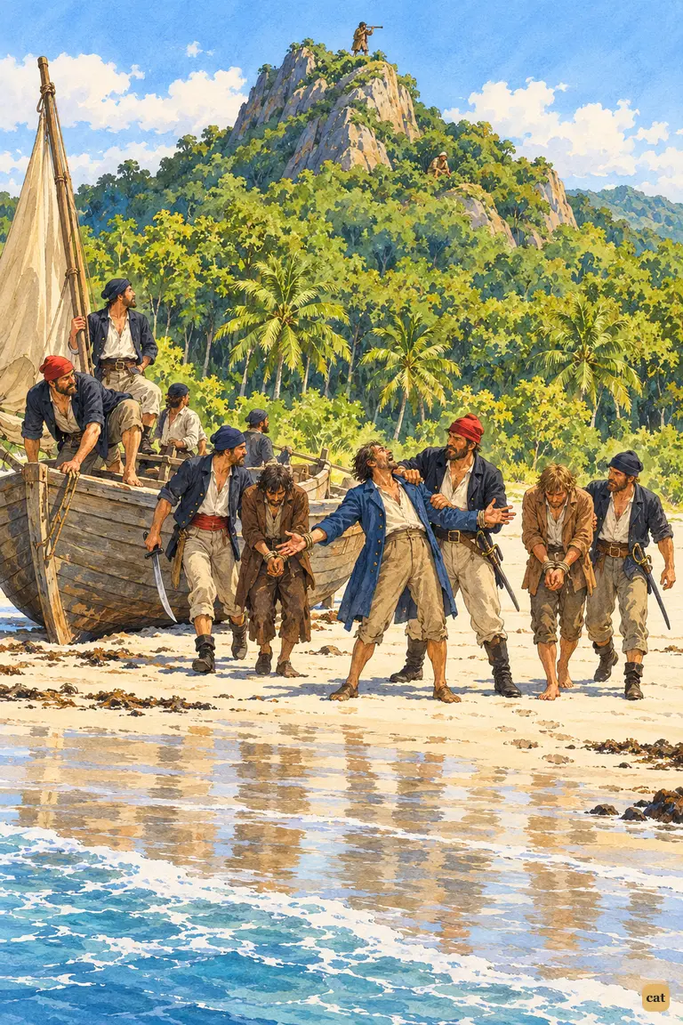 Armed seamen leap from an English long-boat and drag three bound prisoners onto the sand