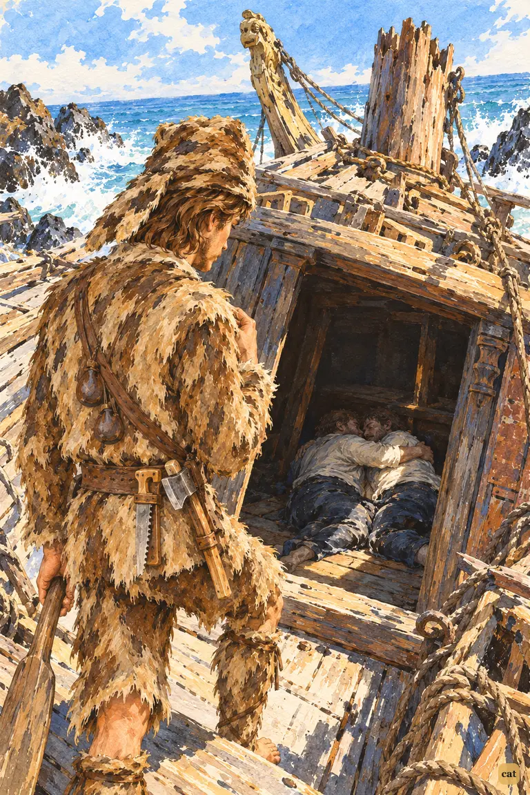 On the Spanish wreck, Crusoe finds two drowned sailors locked in each other's arms