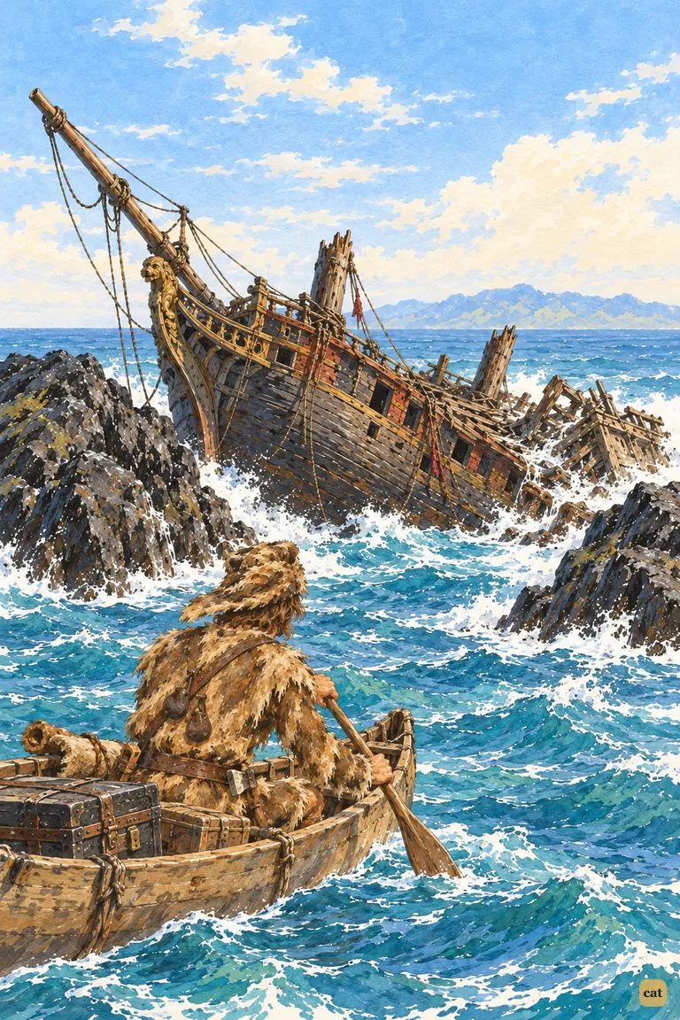 Crusoe's small canoe approaches the Spanish wreck jammed between two black rocks