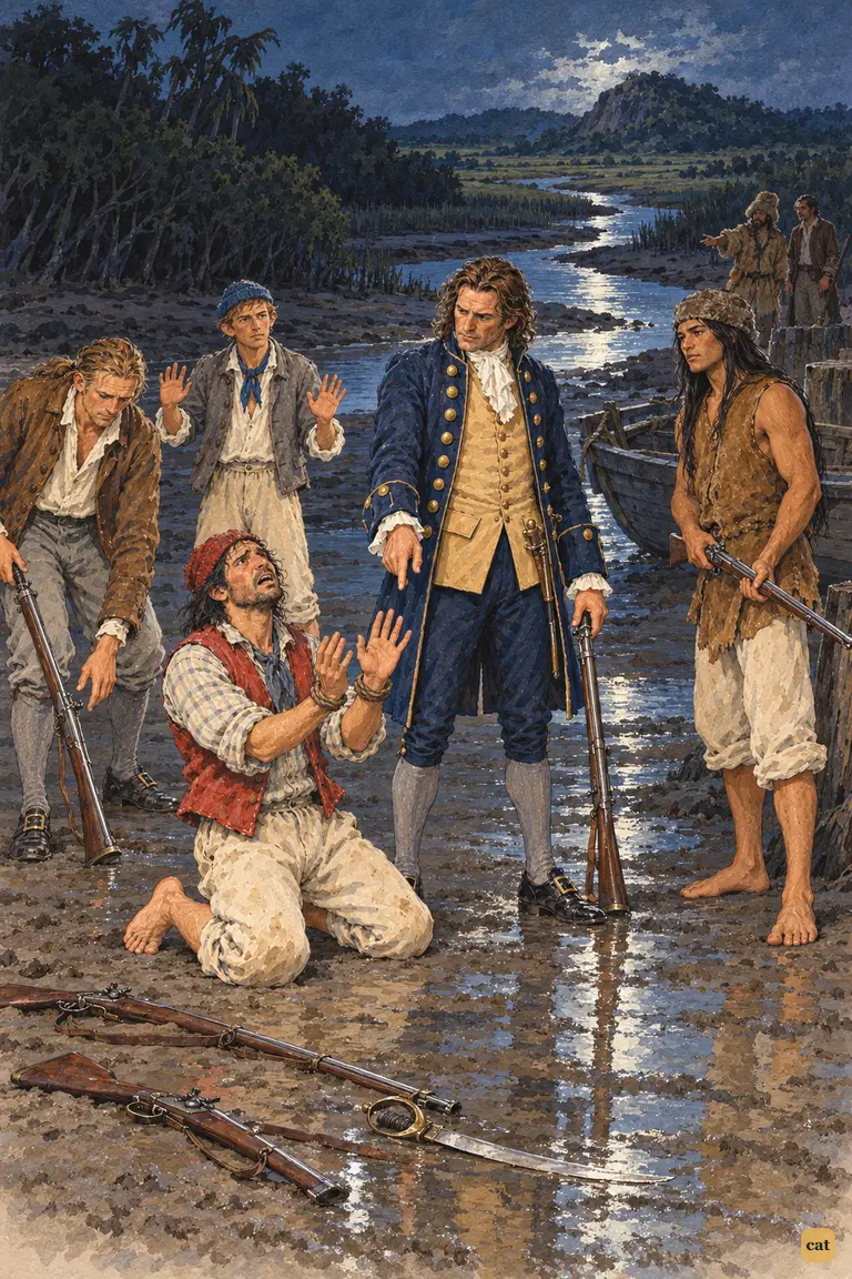 Mutineers lay muskets in the mud as Will Atkins kneels and begs the captain for quarter