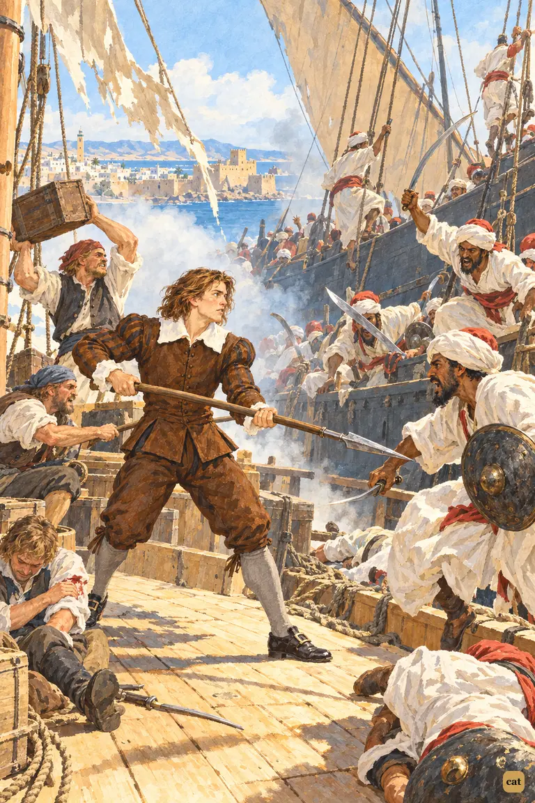 Sixty turbaned boarders from the Sallee rover pour onto the English merchantman's deck