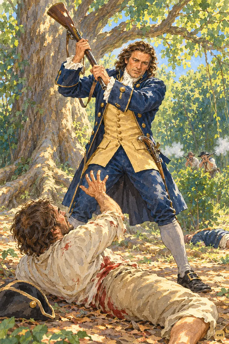 The captain raises his reversed musket over a wounded mutineer who pleads for help