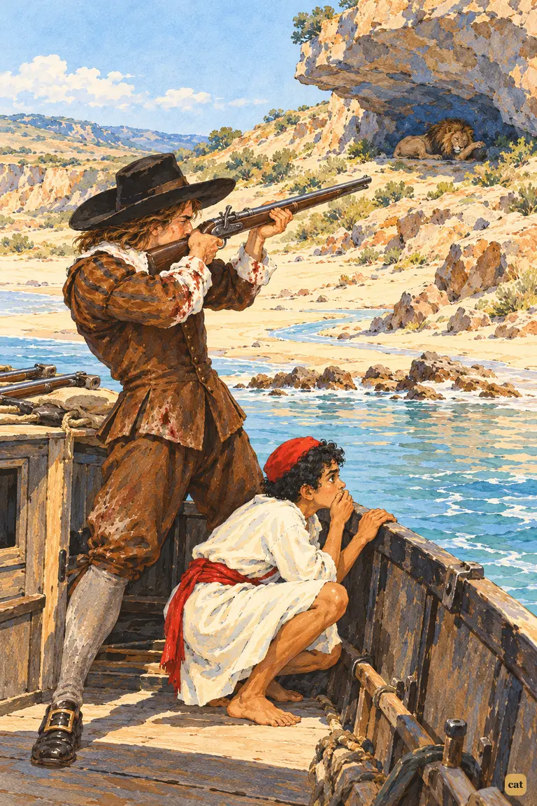 From the boat, Crusoe takes aim at the sleeping lion while Xury crouches beside him