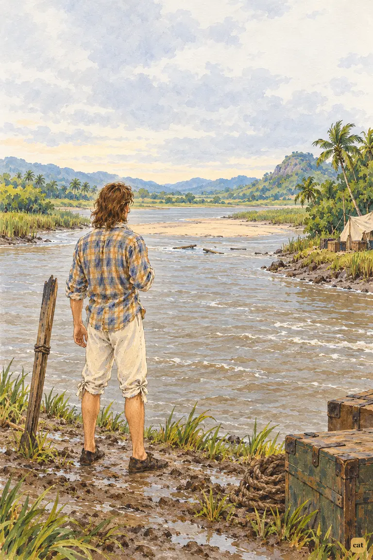 After the storm, Crusoe looks out at the empty sand bank where the ship once lay