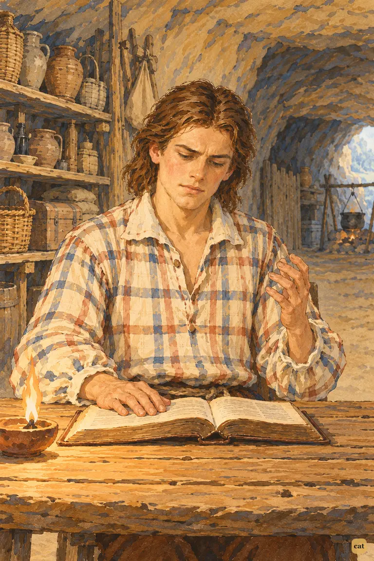 At his cave table, Crusoe rests a hand on the open Bible, his lips pressed shut