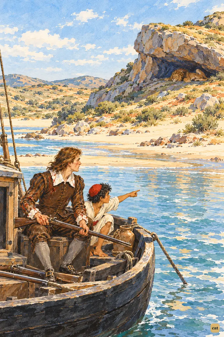 From the boat, Xury points out a huge lion asleep under a rock as Crusoe grips his gun