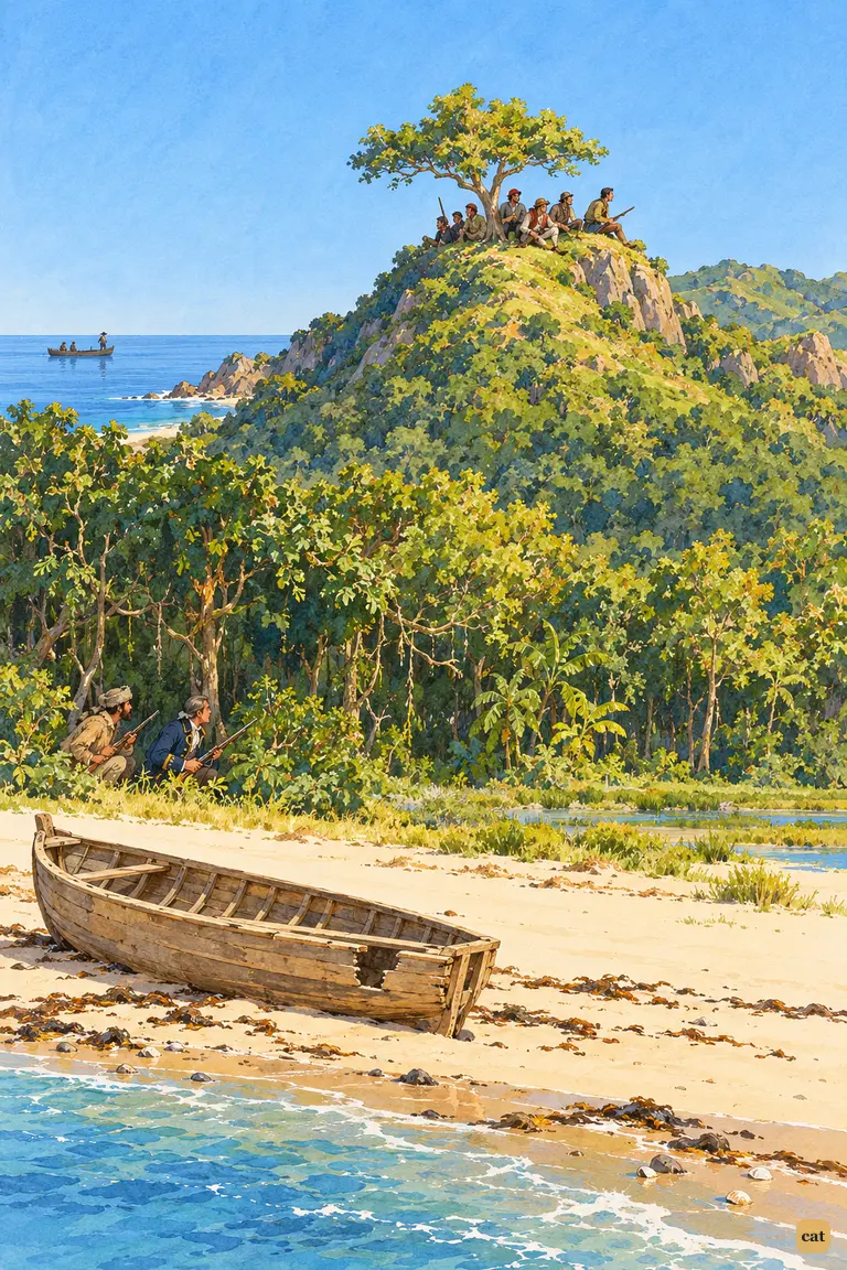 Seven mutineers huddle under a tree on the hill as their boat rides at anchor far out