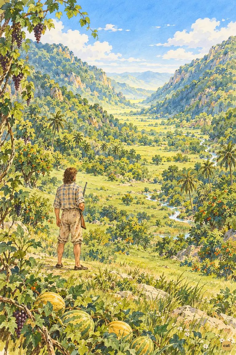 From a gentle rise, the young castaway looks up the green vale toward its bright head